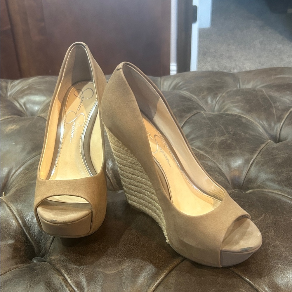 Jessica Simpson Tan Wedge Peep-Toe Shoes
